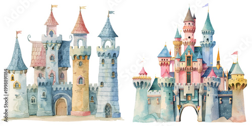cute castle watercolor vector illustration