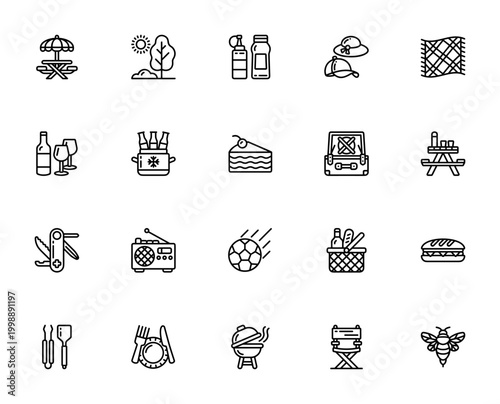 Picnic icon set. Vector illustration of outdoor items including picnic table, basket, food, drinks, utensils, BBQ, and leisure activities for park and garden.