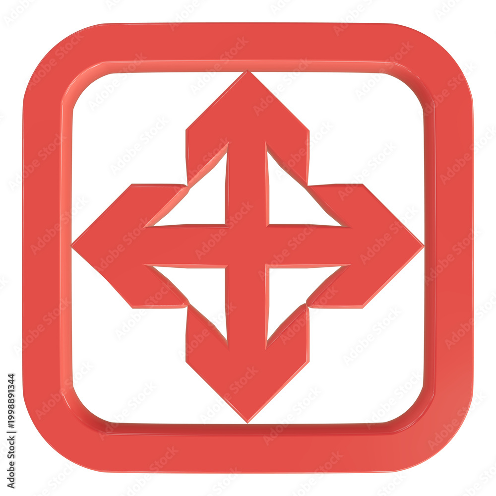 Obraz premium Move arrows button icon representing draggable element with four directional arrows inside a clickable button shape for UI panels.