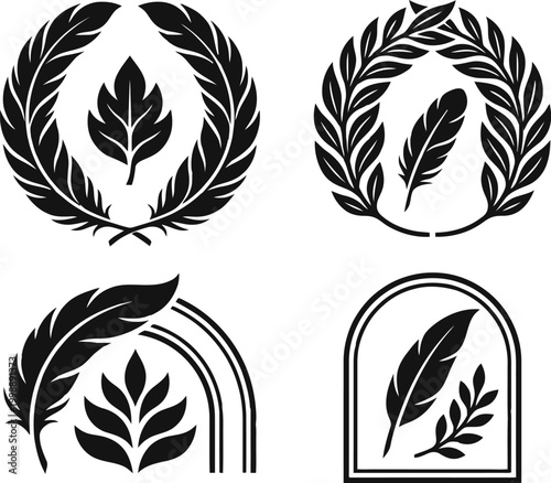 Elegant feather logos minimalist gold and black leaf designs in circle