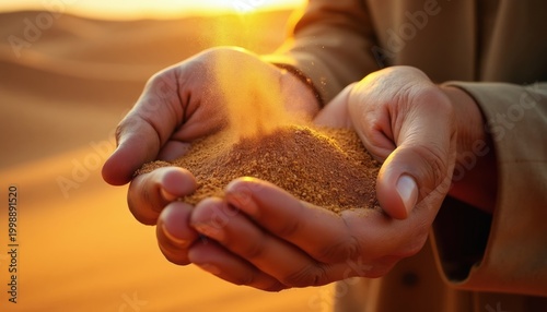 Hands releasing golden desert sand at sunset. Tiny grains flow through fingers, creating soft motion blur. Warm sun shines through particles on arid land.