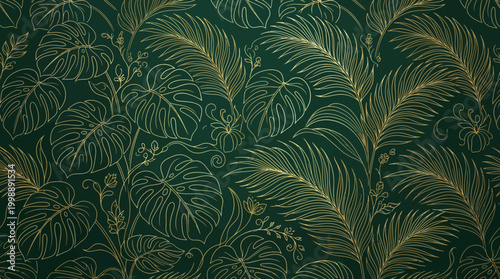 luxury seamless botanical pattern with golden line art leaves and geometric labyrinth background