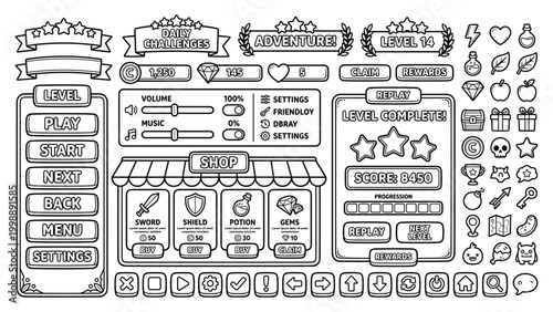 Gaming ui kit with menu buttons shop interface level complete screens and icons set vector.
