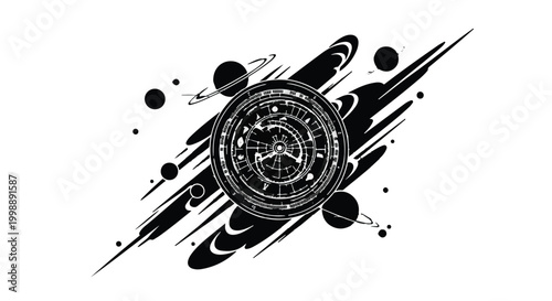 Astrolabe design centers within a cosmic swirl of orbiting planetary rings.