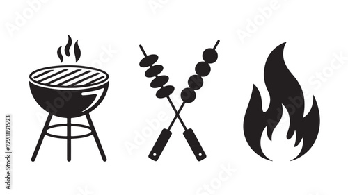 Outdoor BBQ Summer Concept with Grill, Skewers and Flames on White Background For Food, Cooking and Summer Concepts