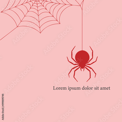 Minimal Red Spider and Web Background with Copy Space. Halloween Concept, Clean Modern Design.