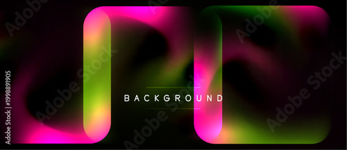 Abstract neon shapes overlap black space. Vibrant pinks, greens create flowing light effect. Text reads background.