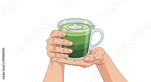 Illustration of human hands holding a clear glass mug filled with green matcha latte tea featuring cream foam art on top, isolated on a plain white background for design.