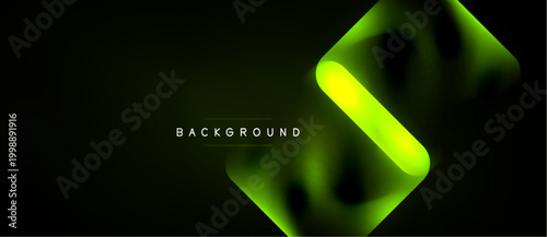 Dark background features vibrant neon green layers, creating abstract geometric shapes. Minimalist design with text background. Modern aesthetic.