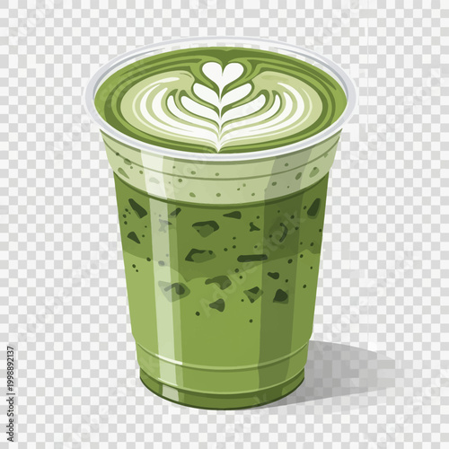 Iced matcha green tea latte in a clear plastic takeaway cup featuring intricate white heart-shaped foam art on top, green tea beverage with visible ice cubes on a transparent background.