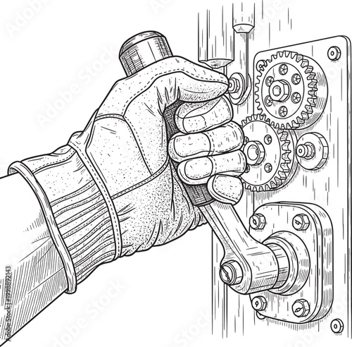Gloved Hand Operating Vintage Mechanical Lever and Gears Illustration