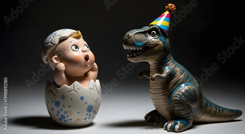 Cute Baby Hatching from Egg Meeting Party Hat Dinosaur Toy in Playful Scene