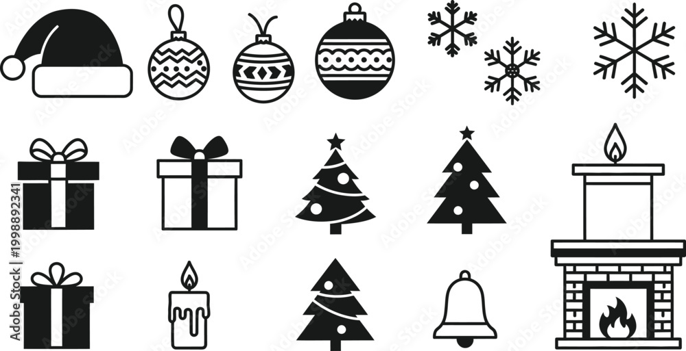 Fototapeta premium Black and white christmas icons set isolated on transparent background