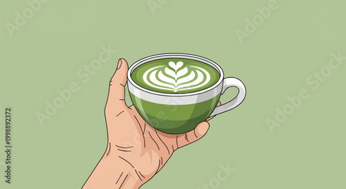 Vector illustration of a hand holding a ceramic cup filled with matcha green tea latte featuring white heart-shaped foam art, isolated on a minimal solid light green background.
