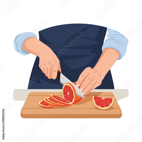 Vector illustration of a chef's hands wearing a dark apron slicing a ripe blood orange into round pieces on a wooden cutting board, isolated on a white background.