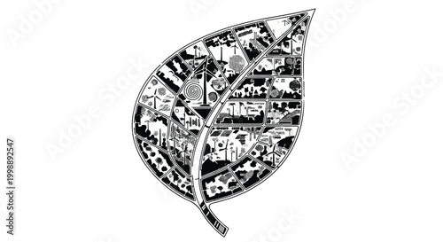 Leaf symbol contains intricate illustrations representing global ecology.
