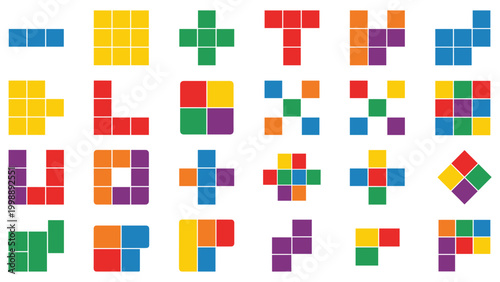 Colorful mosaic block puzzle pieces set for logic games and creative geometric construction.