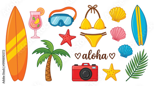 Summer vacation element pack, cute doodle style, surfboards, bikini, camera, palm tree, seashells, and tropical beverages