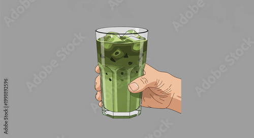 Hand holding a faceted glass of iced matcha latte with ice cubes, vector illustration style, isolated on a grey background, cold green tea beverage, healthy drink.