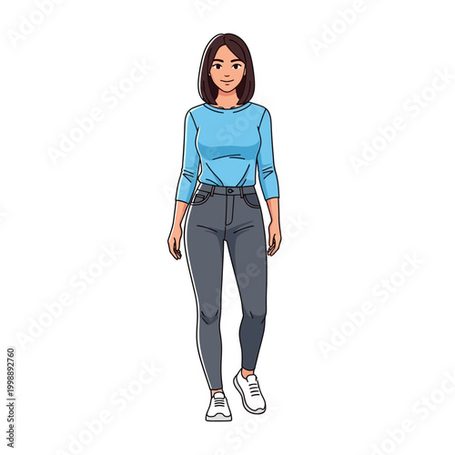 Young Woman Walking Confidently in Casual Outfit: Blue Top and Grey Jeans