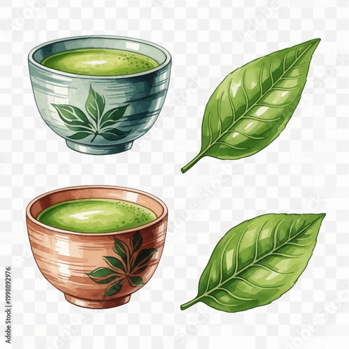 Watercolor illustration collection featuring two ceramic chawan bowls filled with green matcha tea and two separate fresh tea leaves isolated on transparent background.