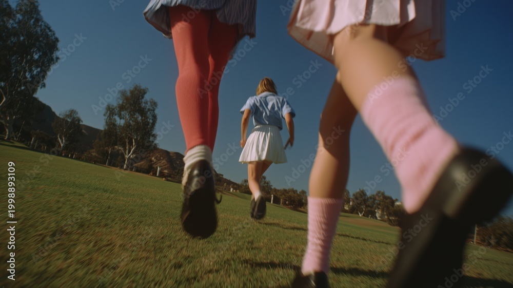 Fototapeta premium アジア系女性が芝生の上を走っている姿。アウトドアやスポーツ、青春のシーンに適したイメージ