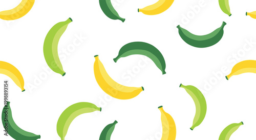 Seamless pattern of yellow and green bananas on white background.