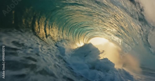 Majestic ocean wave curling with sunlight illuminating the hollow, creating a stunning backdrop