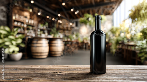 Black wine bottle mockup on rustic wooden table with blurred cozy bar interior and natural light creating warm atmosphere