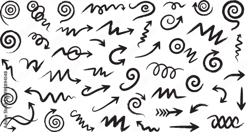 Fototapeta premium Hand Drawn Gritty Ink Spiral Arrows and Textured Curly Scribble Directional Pointers Set