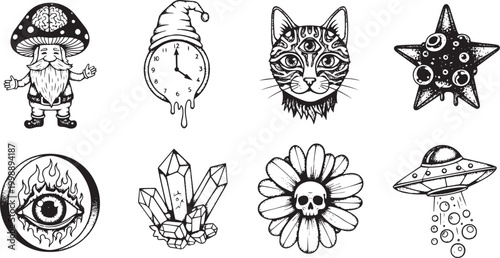 Hand Drawn Trippy Psychedelic Tattoo Flash Set with Mushroom Gnome Melting Clock and Occult Cat Icons