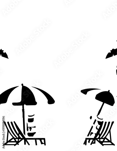 Black beach chairs and umbrellas.