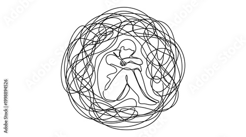 Continuous line drawing of a sad person feeling trapped inside a chaotic circle of tangled thoughts.