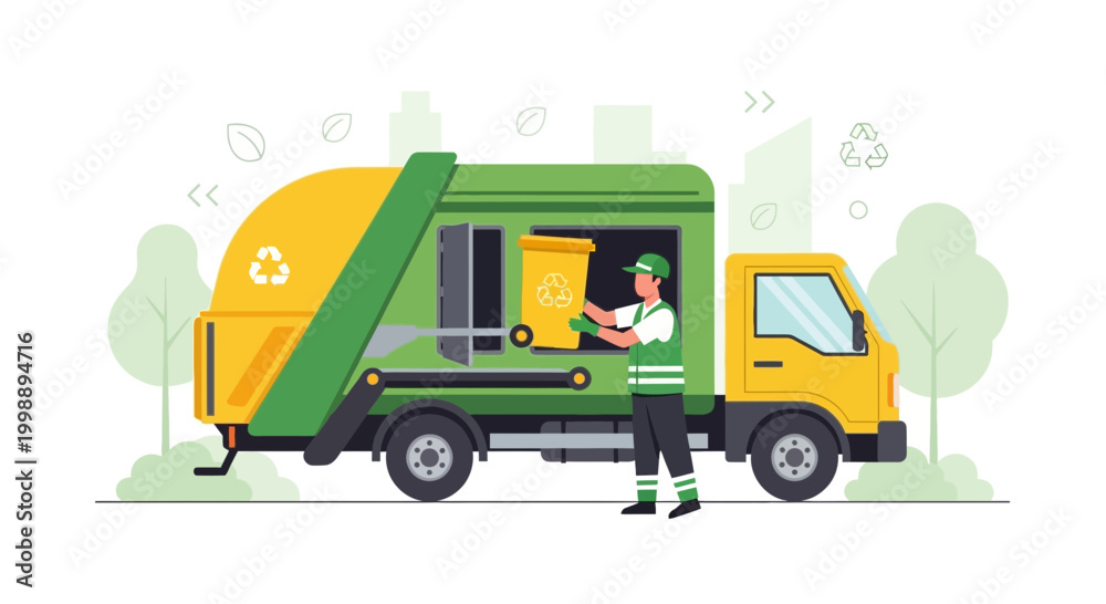Naklejka premium Sanitation worker collecting trash bin with recycling symbol near garbage truck