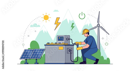 Renewable energy technician working on a power station with solar panels and wind turbine