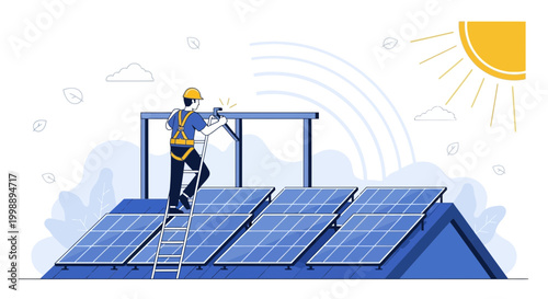 Rooftop Solar Panel Installation: Technician Working on Sustainable Energy System