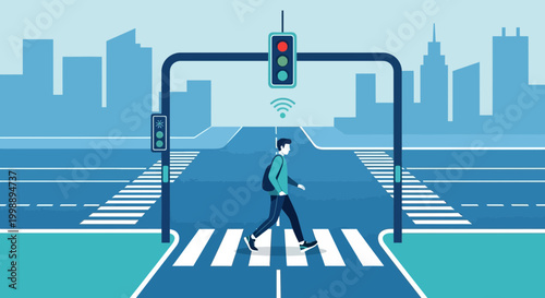 Smart city pedestrian crossing with smart traffic light and person walking