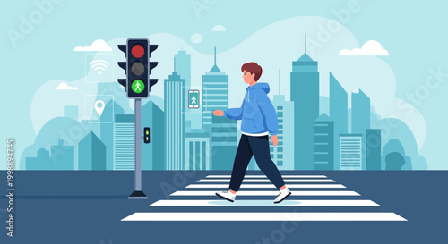 Smart city pedestrian crossing with man and traffic light, futuristic urban technology concept