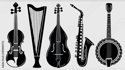 musical instruments collection silhouette illustration set for orchestra jazz and acoustic music design
