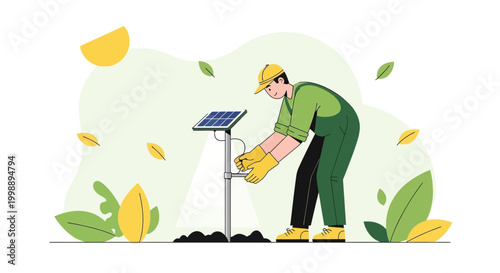 Solar panel installation worker in green uniform and yellow gloves, setting up renewable energy in nature