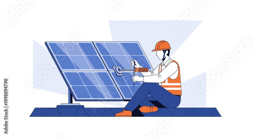 Solar panel technician installing renewable energy system, sustainable power generation concept