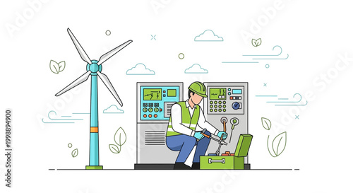 Wind Turbine Technician Inspecting Control Panel, Renewable Energy Maintenance