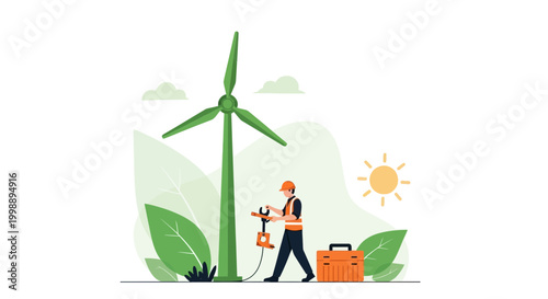 Wind turbine maintenance worker with tools and toolbox, clean energy concept