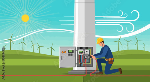 Wind Turbine Technician Inspecting Electrical Panel in Renewable Energy Field