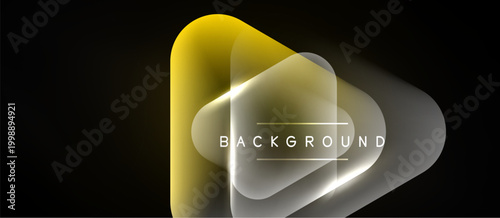 Abstract design features overlapping shapes, gradients, text background. Yellow, white hues dominate dark backdrop. Modern, dynamic composition.