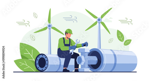 Wind turbine technician repairing equipment near windmills, renewable energy concept