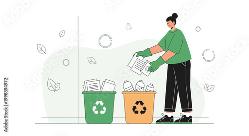 Woman Recycling Paper and Plastic Waste in Bins, Sustainable Living Concept
