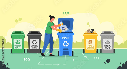 Woman Sorting Waste for Recycling: Organic, General, and Recycle Bins