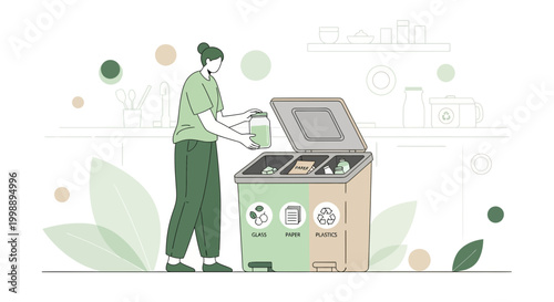 Woman sorting waste for recycling in a modern kitchen, eco-friendly lifestyle concept