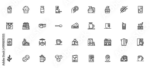 Coffee shop icon set. Minimal vector icons pack. Includes frappe, muffin, coffee machine, doughnut, cupcake, espresso, tea, cake and more. Editable stroke.
